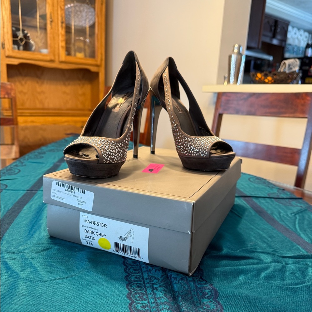BCBGMaxAzria Dark Grey Satin & Suede Peep Toe Heels